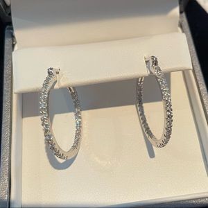 14 karat white gold and diamond hoop earrings